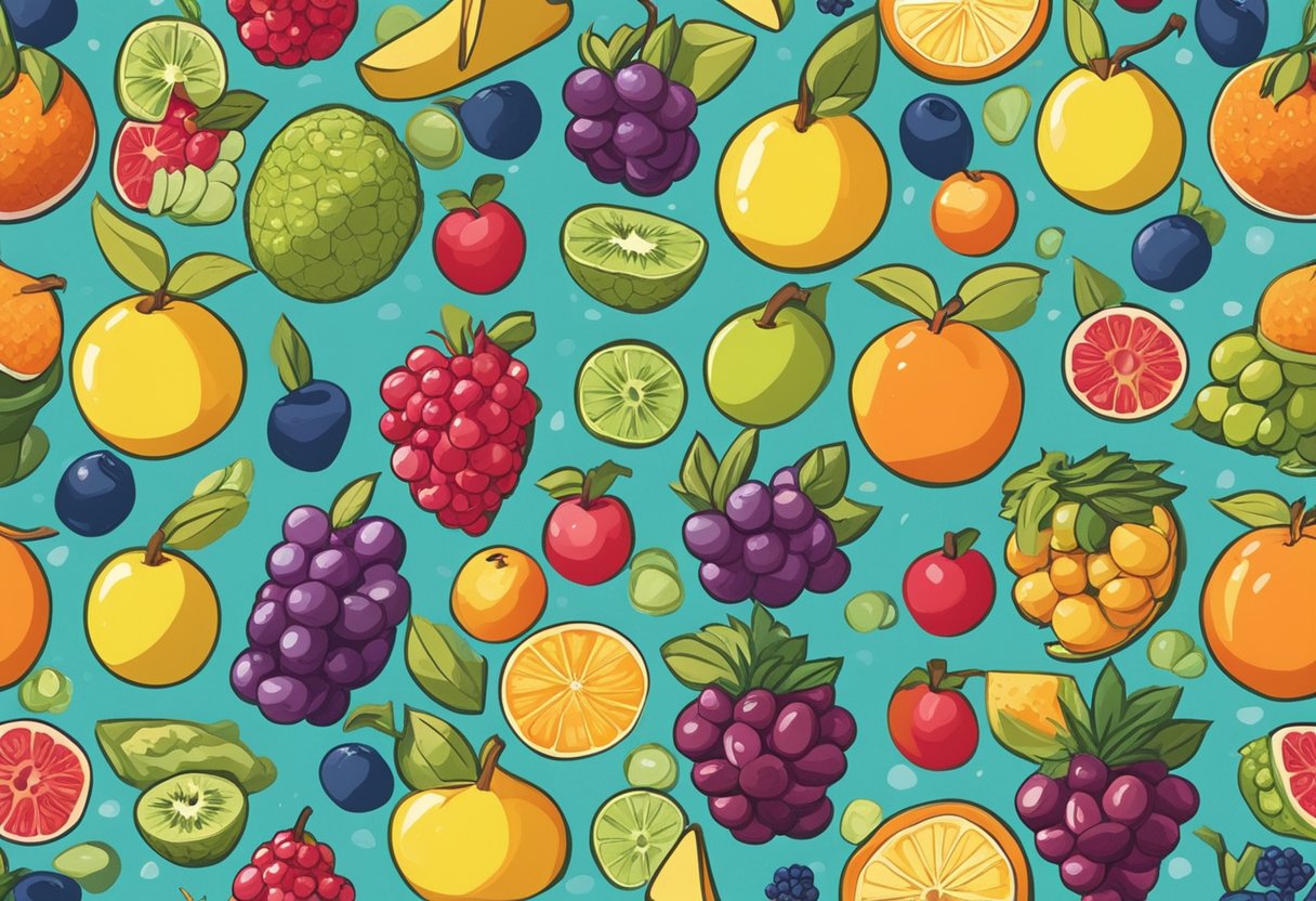 A colorful array of fruits arranged in a playful and whimsical manner, with name tags attached to each fruit, creating a cheerful and vibrant scene