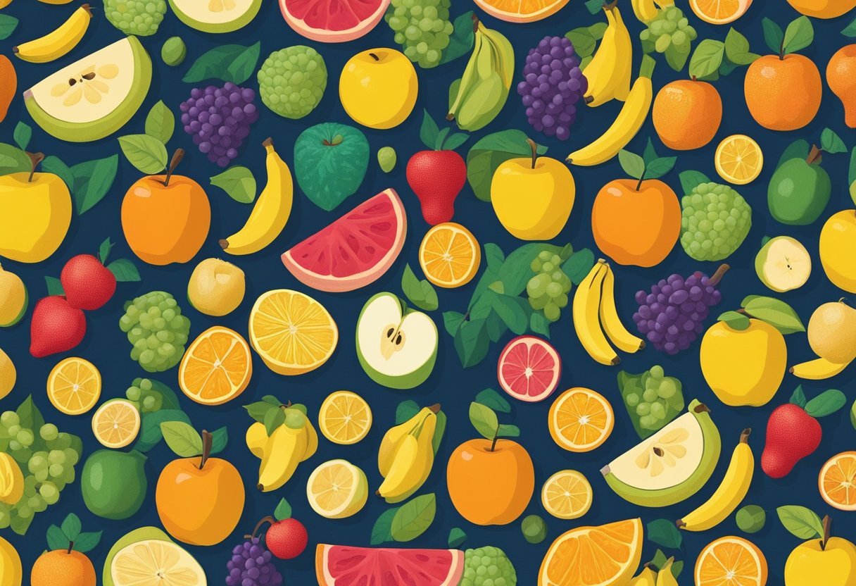 A colorful array of fruit, including apples, oranges, and bananas, arranged in a playful and whimsical manner