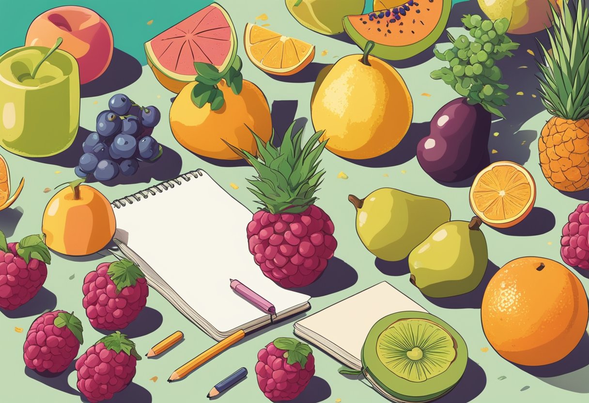 A table covered in various fruits with name ideas written on colorful cards scattered around. A notebook filled with more potential names sits open next to a pencil