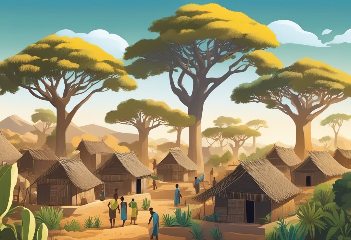 African landscape with traditional huts, baobab trees, and a vibrant market