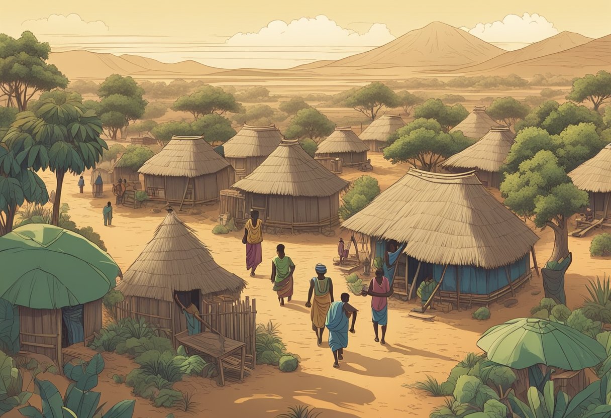 African landscape with traditional huts and people going about daily activities