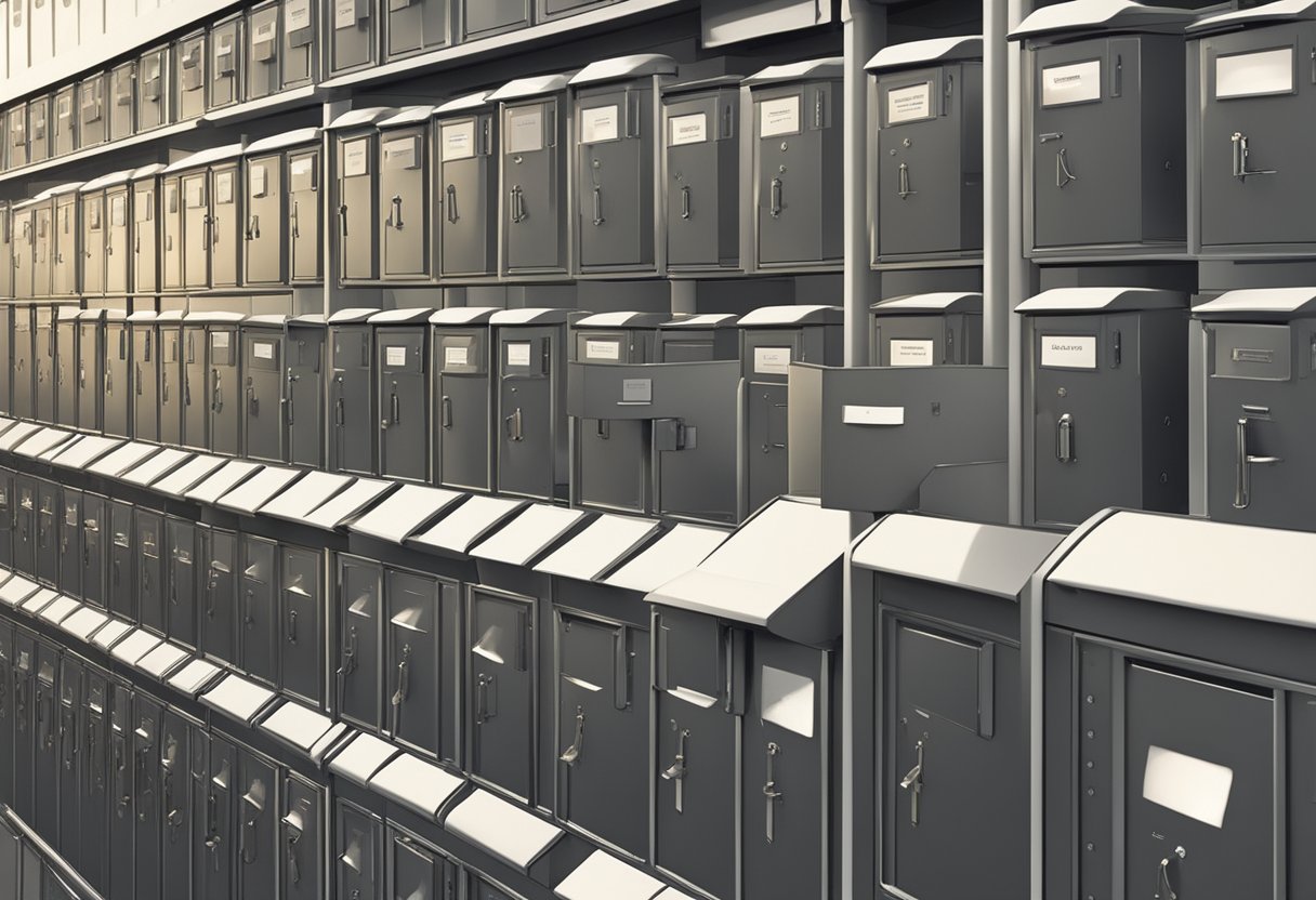 A row of mailboxes labeled with surnames starting with M