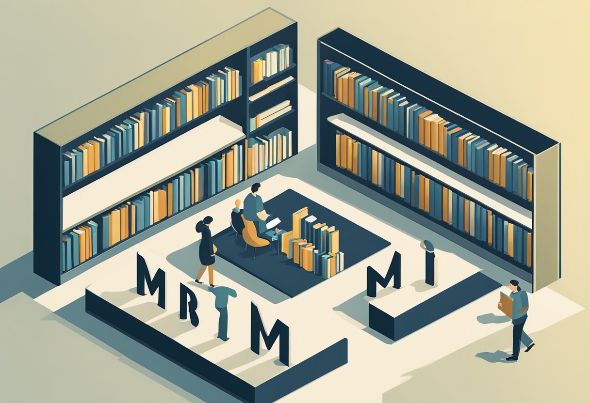 Characters browsing through a library of last names, surrounded by shelves of books. The letter 'M' prominently displayed on a sign above