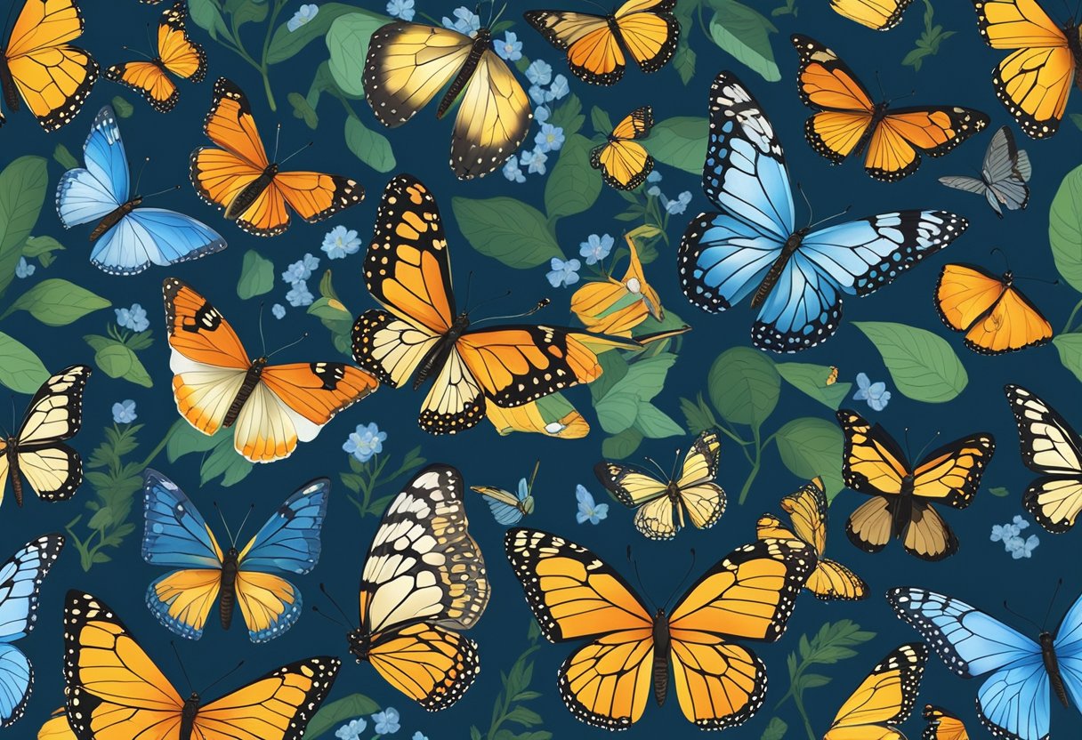 Colorful butterflies fluttering around a garden, with names like "Monarch," "Aurora," "Azure," and "Mariposa" floating above them