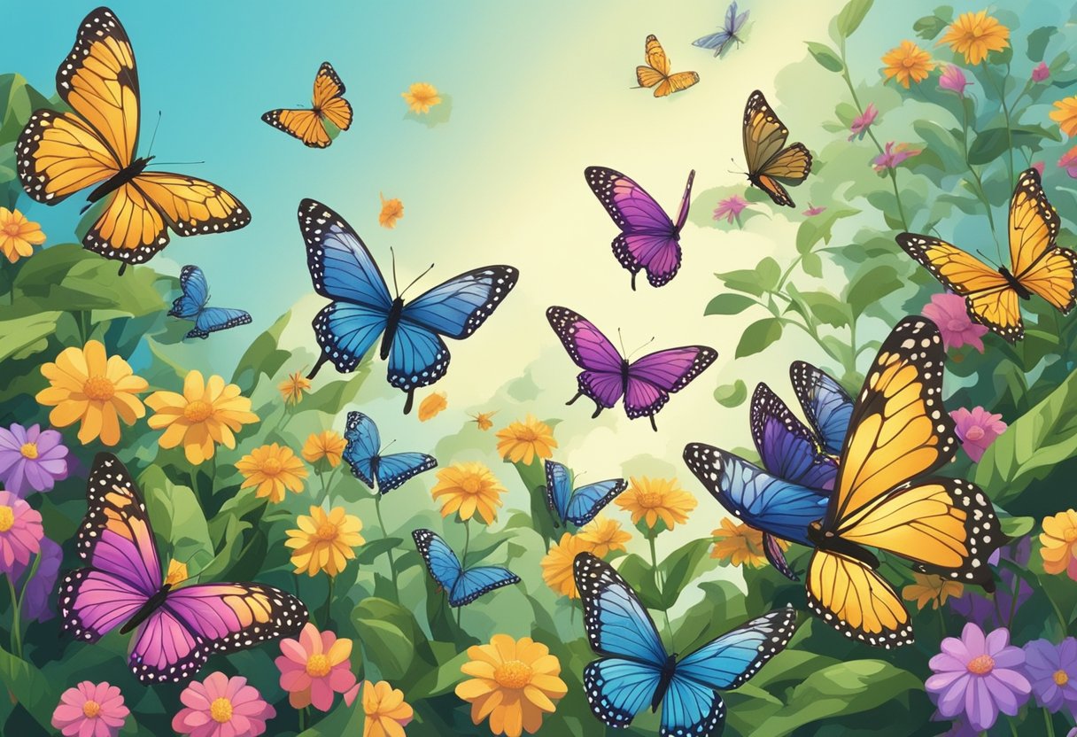 Colorful butterflies fluttering around a garden, landing on flowers and spreading their wings