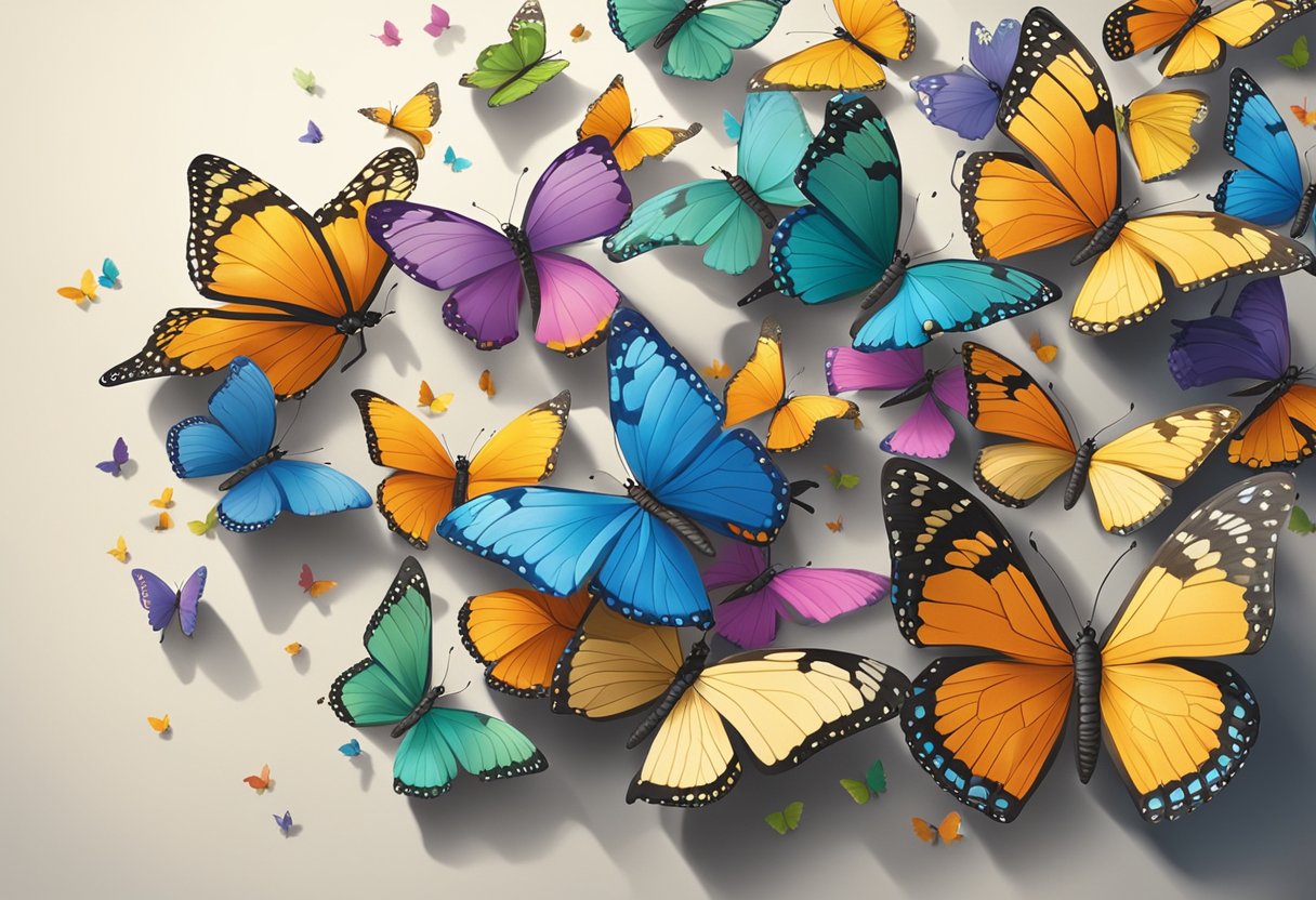 Colorful butterflies flutter around a blank canvas, with "Tips For Brainstorming The Perfect Name" written in bold letters above