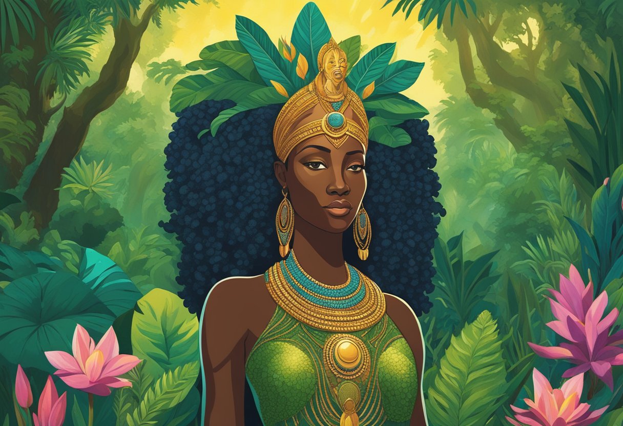 An African goddess stands in a lush, vibrant forest, surrounded by exotic flora and fauna. She exudes power and wisdom, radiating a sense of divine presence