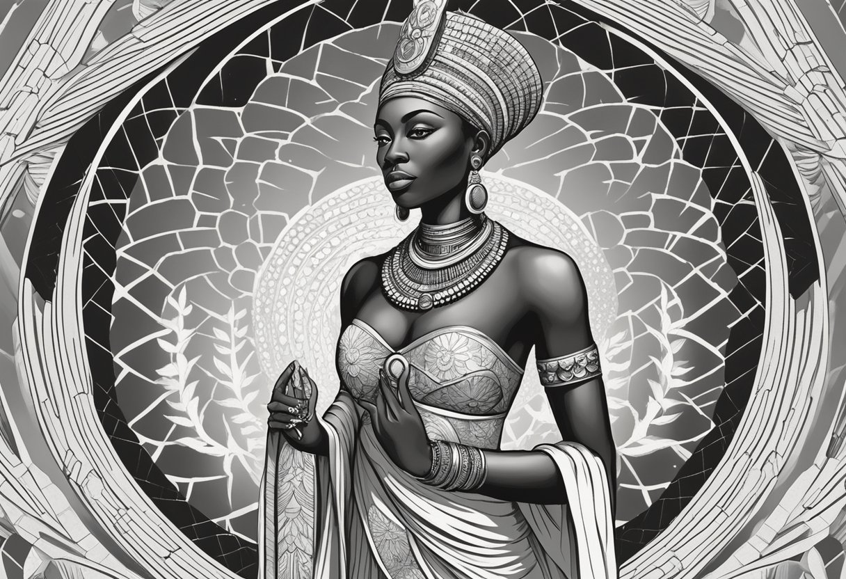 A majestic African goddess stands tall, radiating power and wisdom. Her name, meaning "queen of the earth," reflects her divine presence