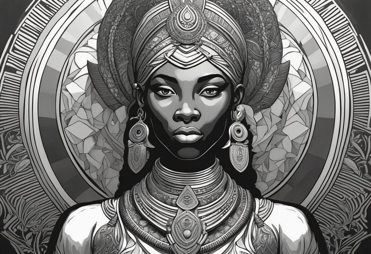 An African goddess stands tall, radiating power and wisdom. Her presence exudes strength and grace, with symbols of fertility and protection surrounding her