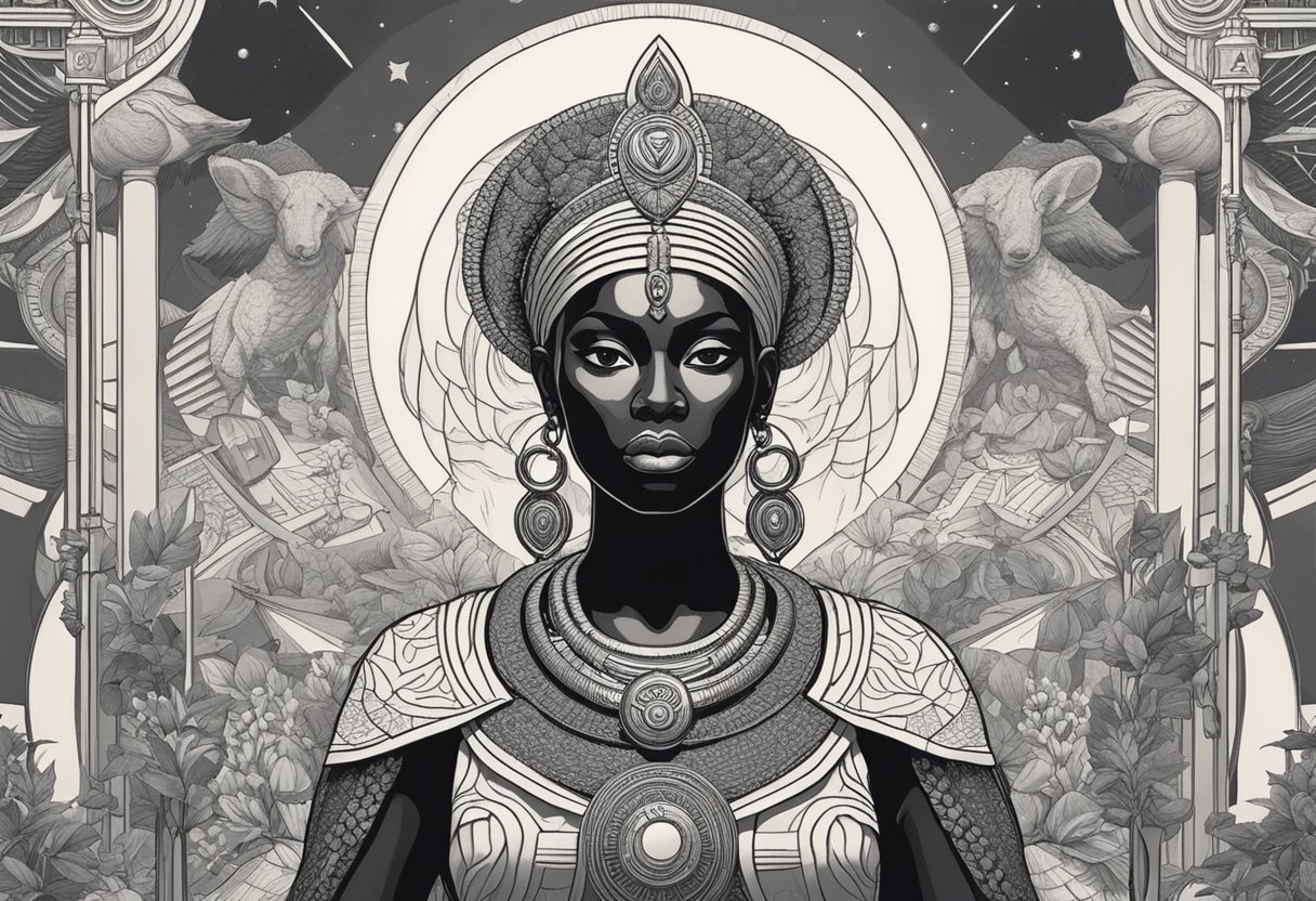 A majestic African goddess stands tall, surrounded by symbols of power and wisdom, radiating strength and grace