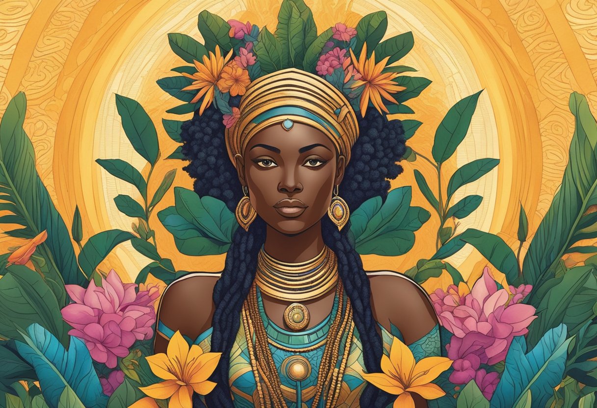 An African goddess stands tall, surrounded by vibrant flora and fauna, radiating strength and wisdom