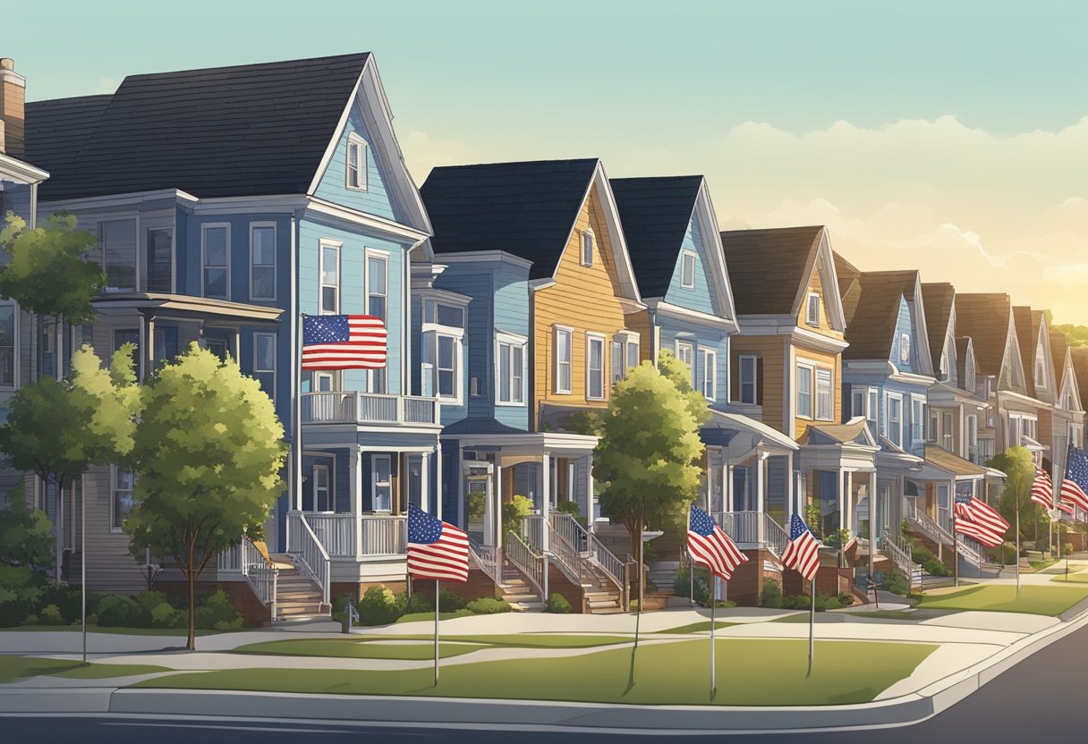 A diverse group of American flags flying in front of a row of houses, each with a different last name displayed prominently on a mailbox or sign