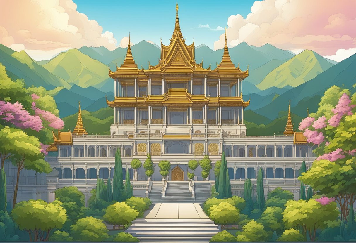 A grand palace courtyard with ornate banners and regal thrones, surrounded by majestic mountains and lush gardens