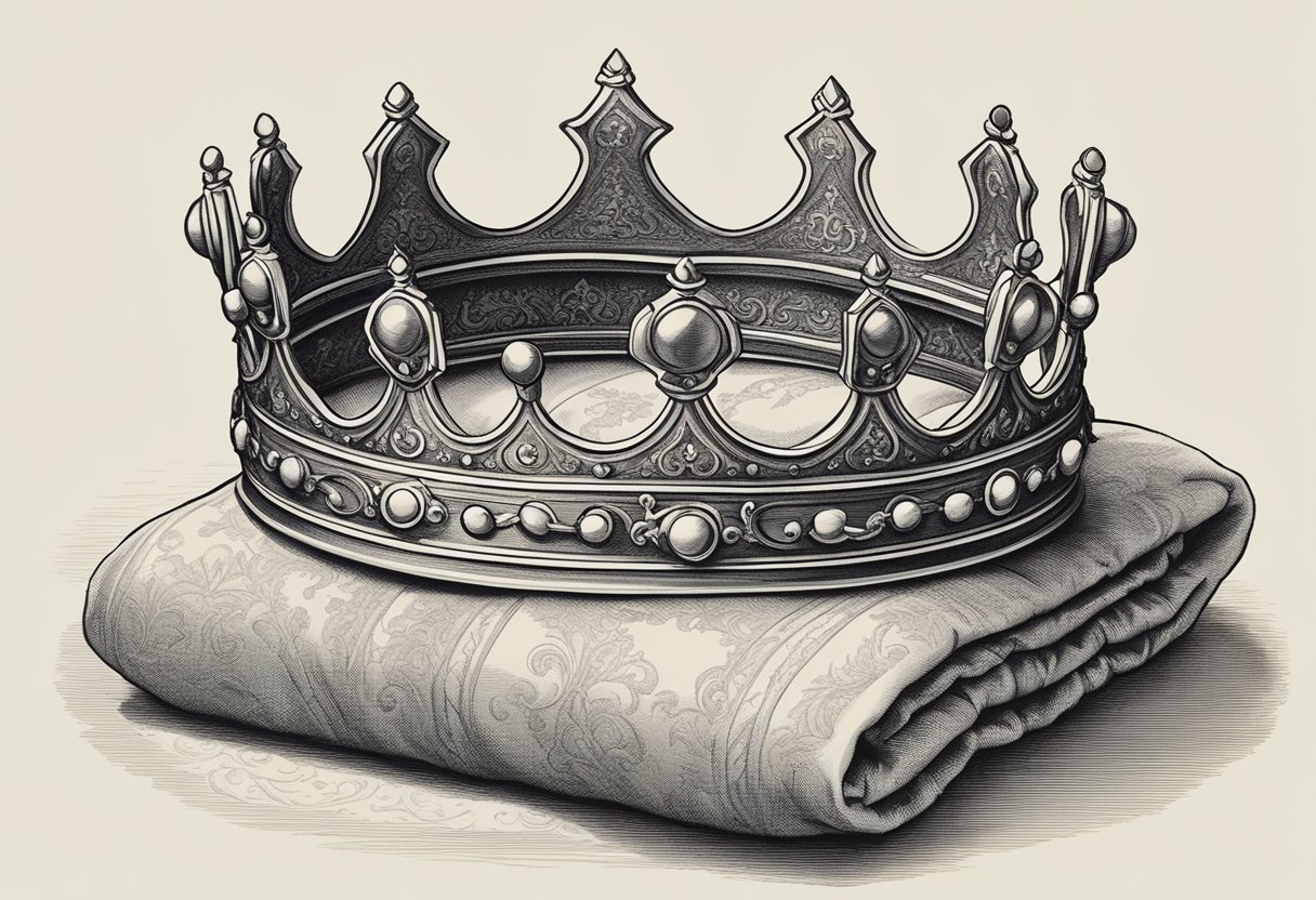 A crown resting on a regal pillow, surrounded by royal robes and a scepter, with a scroll listing names like Arthur, Henry, and Louis