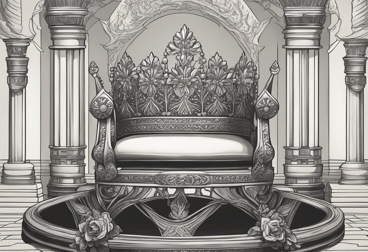 A royal crown atop a regal throne, surrounded by symbols of power and authority