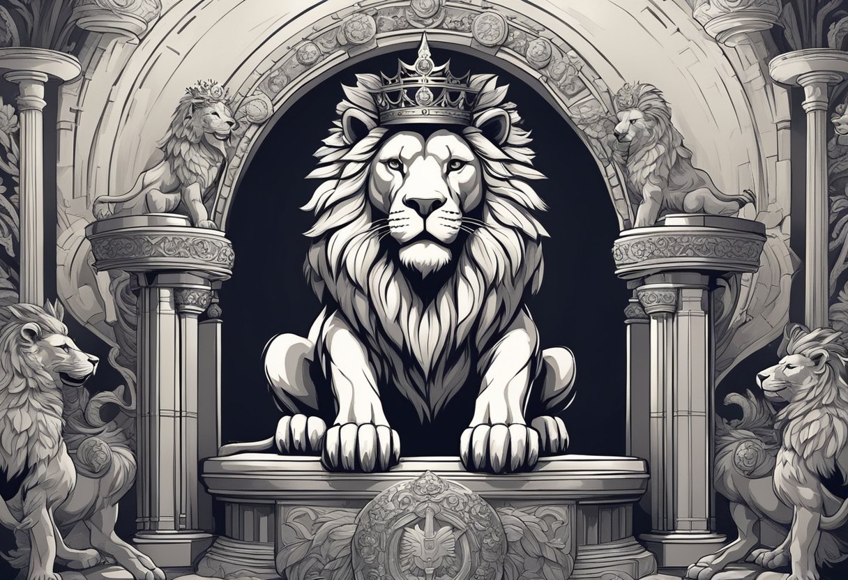 A crown sits atop a regal throne, surrounded by ancient scrolls and royal emblems. A majestic lion statue stands guard, symbolizing strength and power