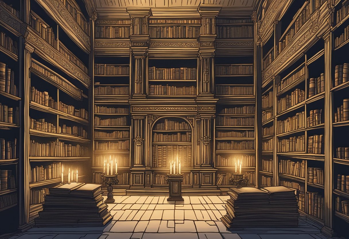 An ancient library with parchment scrolls and flickering candles, surrounded by towering bookshelves filled with historical tomes