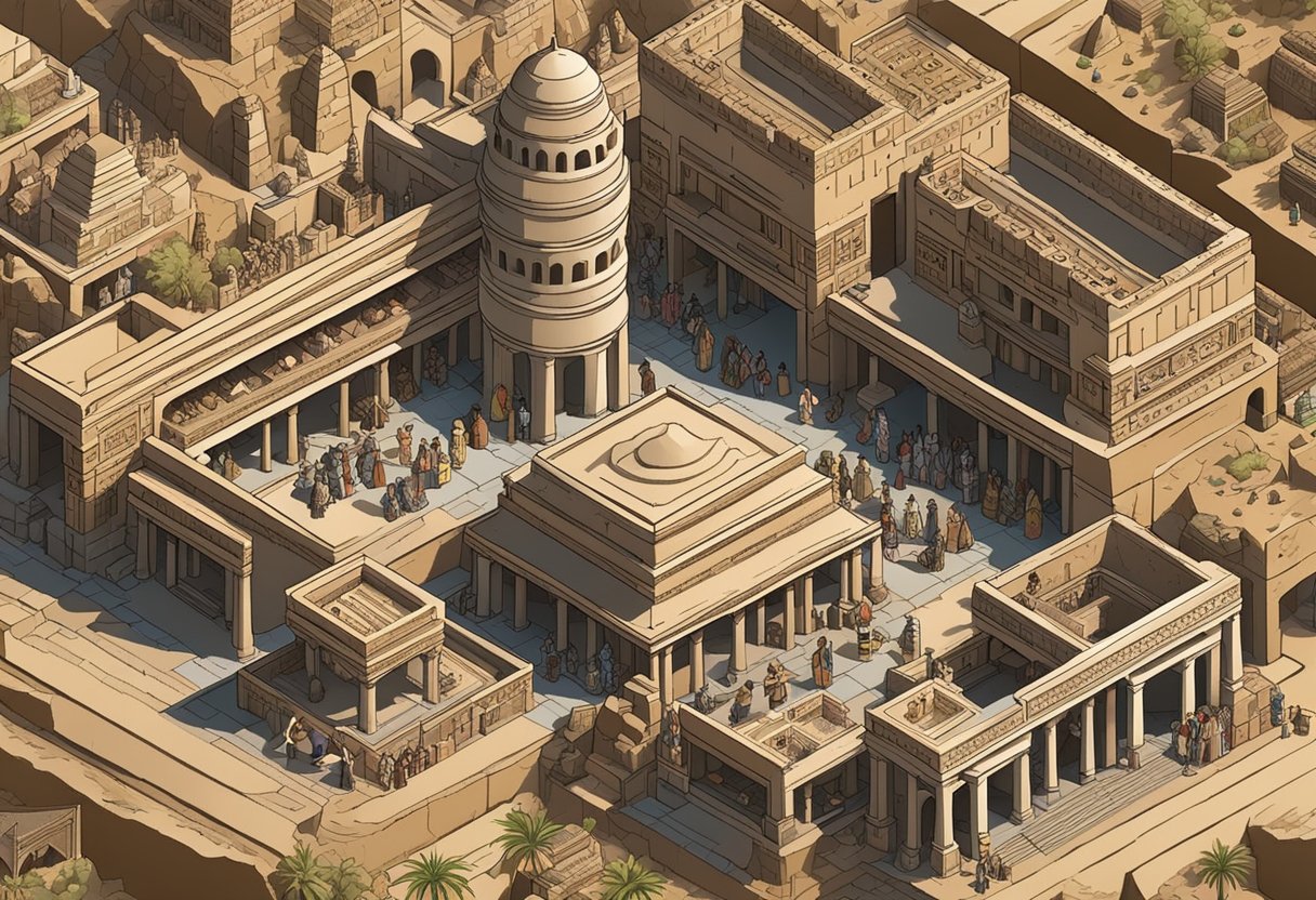 An ancient Babylonian marketplace bustling with merchants and shoppers, surrounded by towering ziggurats and adorned with intricate carvings and symbols