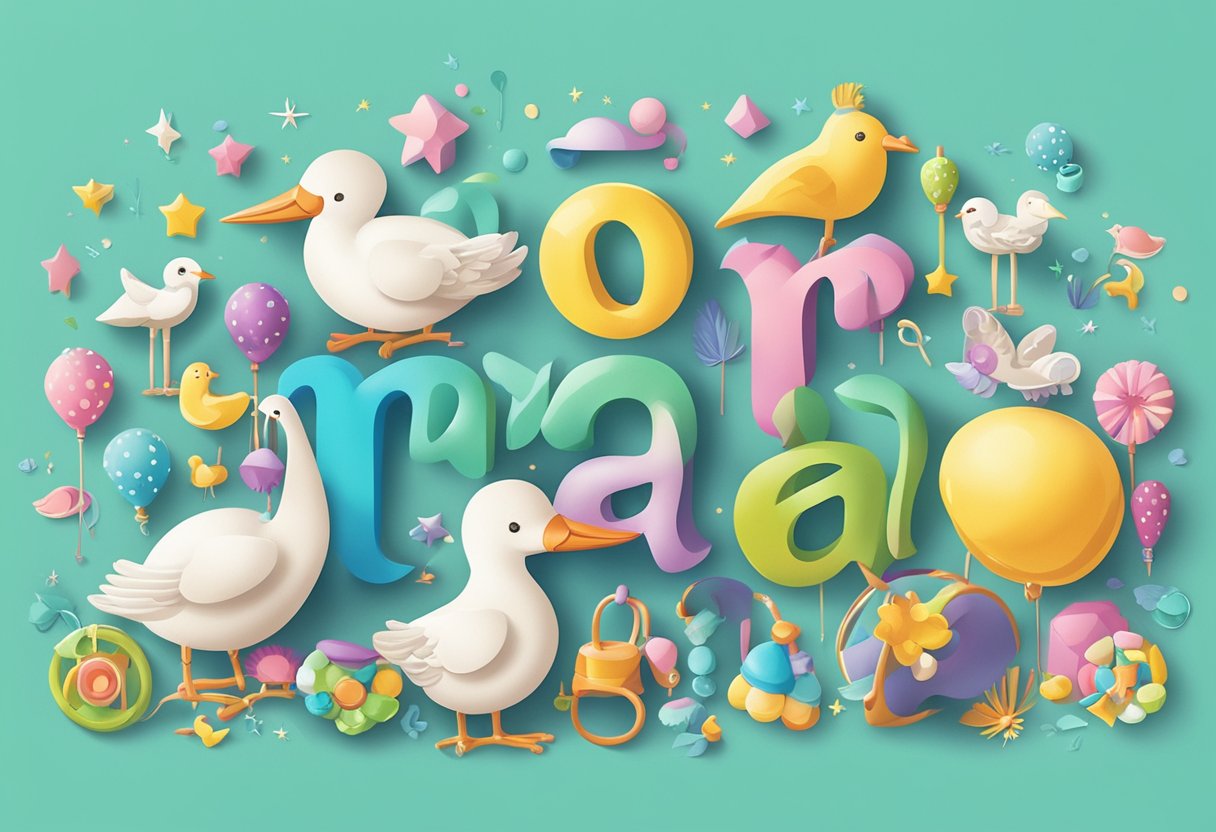 A colorful array of baby-related objects and symbols, such as rattles, pacifiers, and storks, surrounding the words "More Name Ideas" in a playful and whimsical font