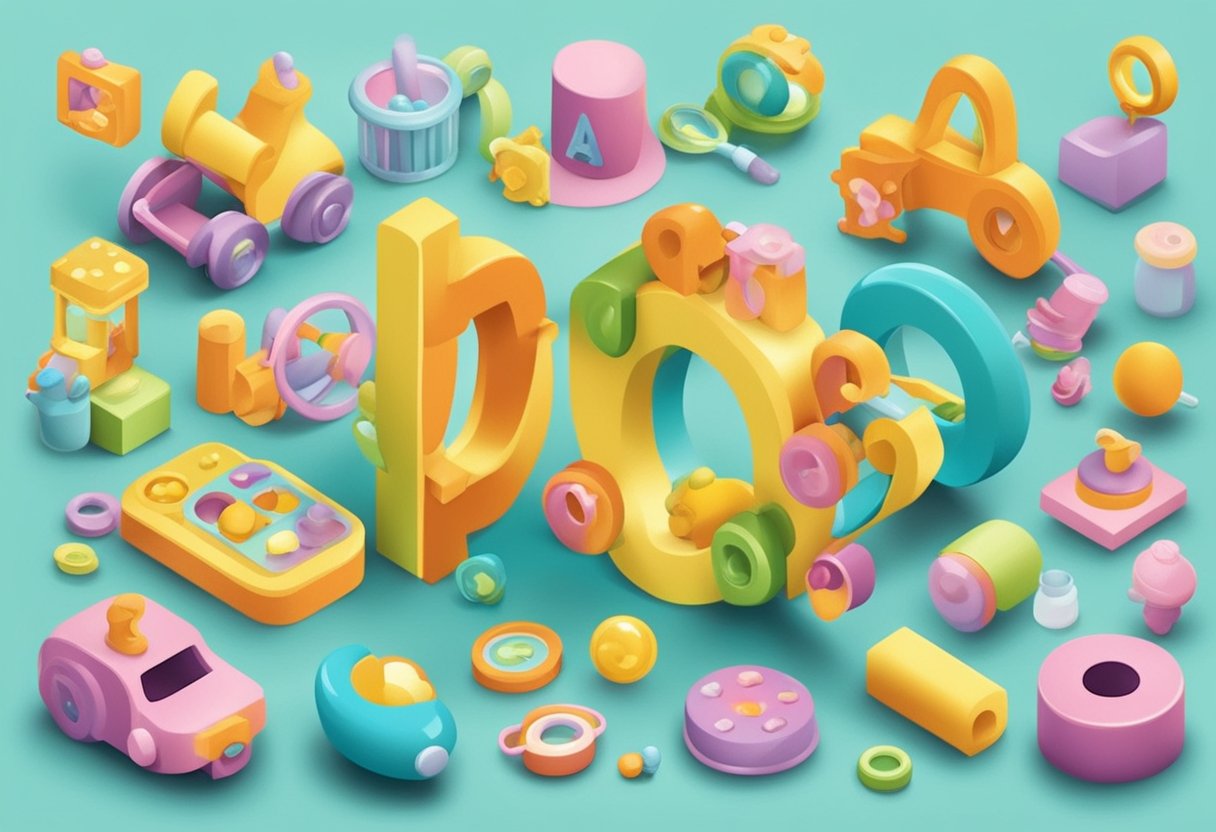 Colorful letters arranged in a playful font, surrounded by baby-themed items like rattles and pacifiers