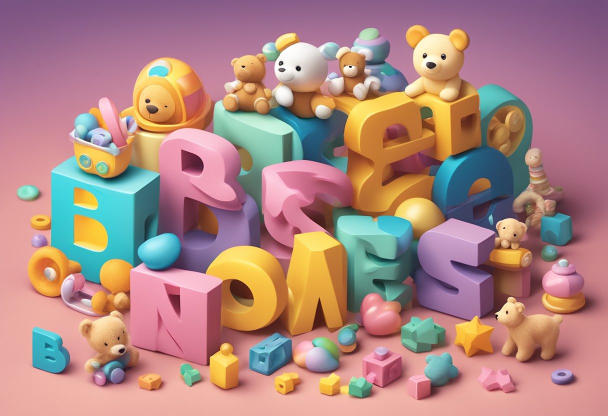 Colorful letters spelling "BEST NAMES" in a playful, baby-friendly font, surrounded by cute baby-related icons like rattles, pacifiers, and teddy bears