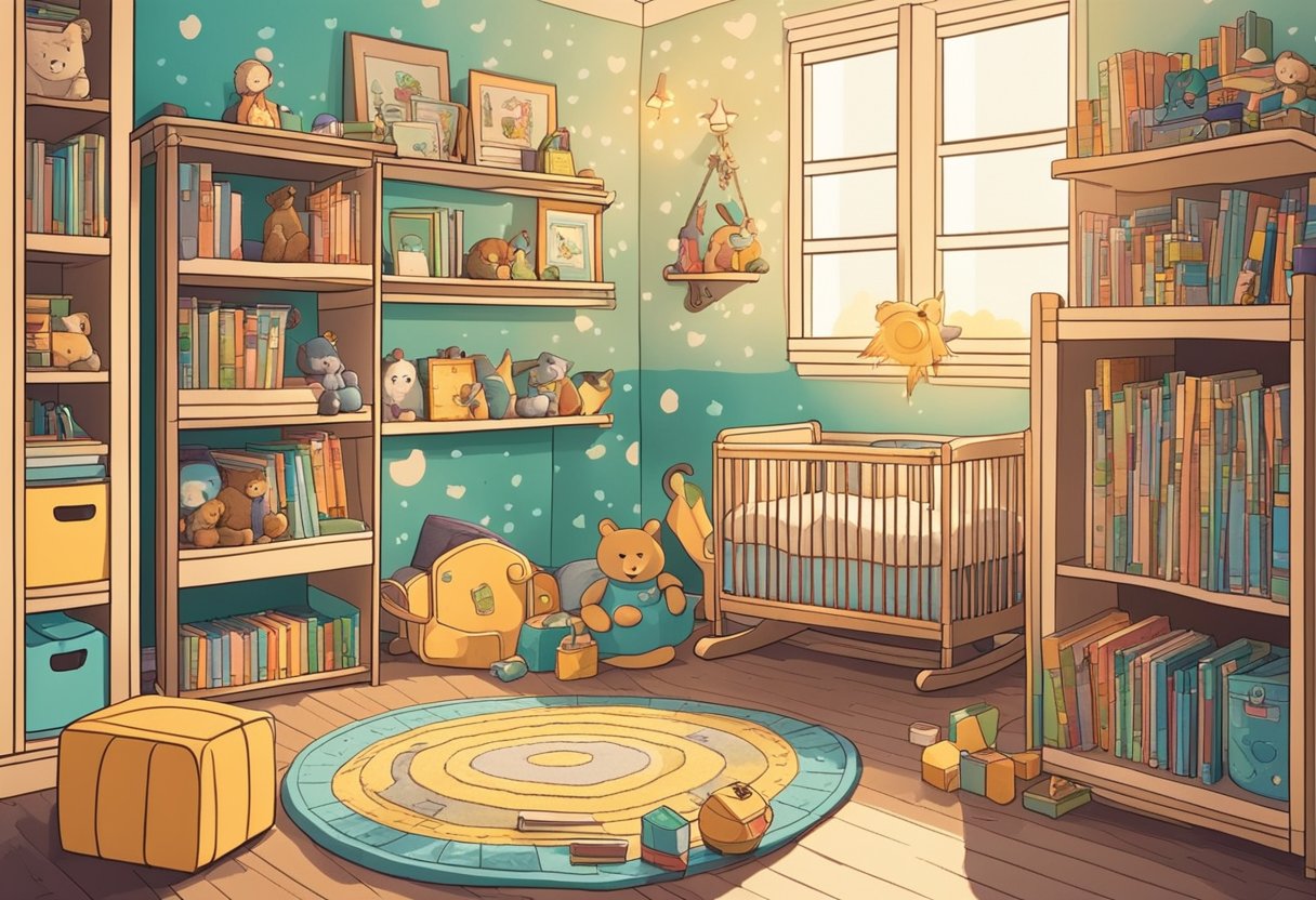 A colorful nursery with alphabet blocks and toys scattered around. A bookshelf filled with children's books and a cozy rocking chair in the corner