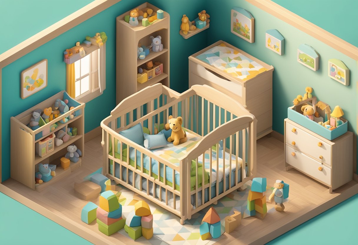 A colorful nursery with alphabet blocks, toys, and a cozy crib
