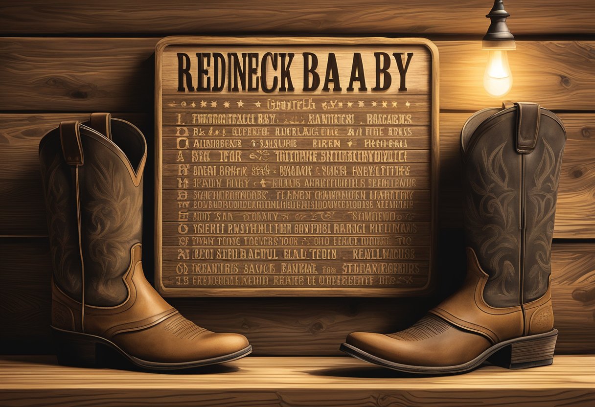 A rustic wooden sign displays "Redneck Baby Names" with a list of humorous and stereotypical names underneath. A pair of cowboy boots sit next to the sign, adding to the country aesthetic