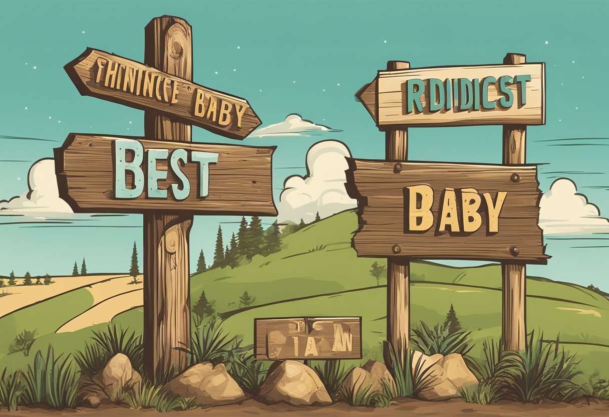 A rustic signpost with "Best Names Redneck Baby Names" in bold letters, surrounded by country-themed decorations and a playful, lighthearted atmosphere
