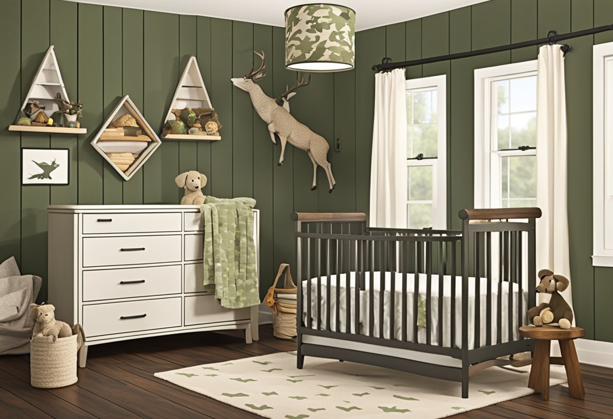 A rustic nursery with hunting-themed decor, camouflage crib bedding, and a toy shotgun on the shelf