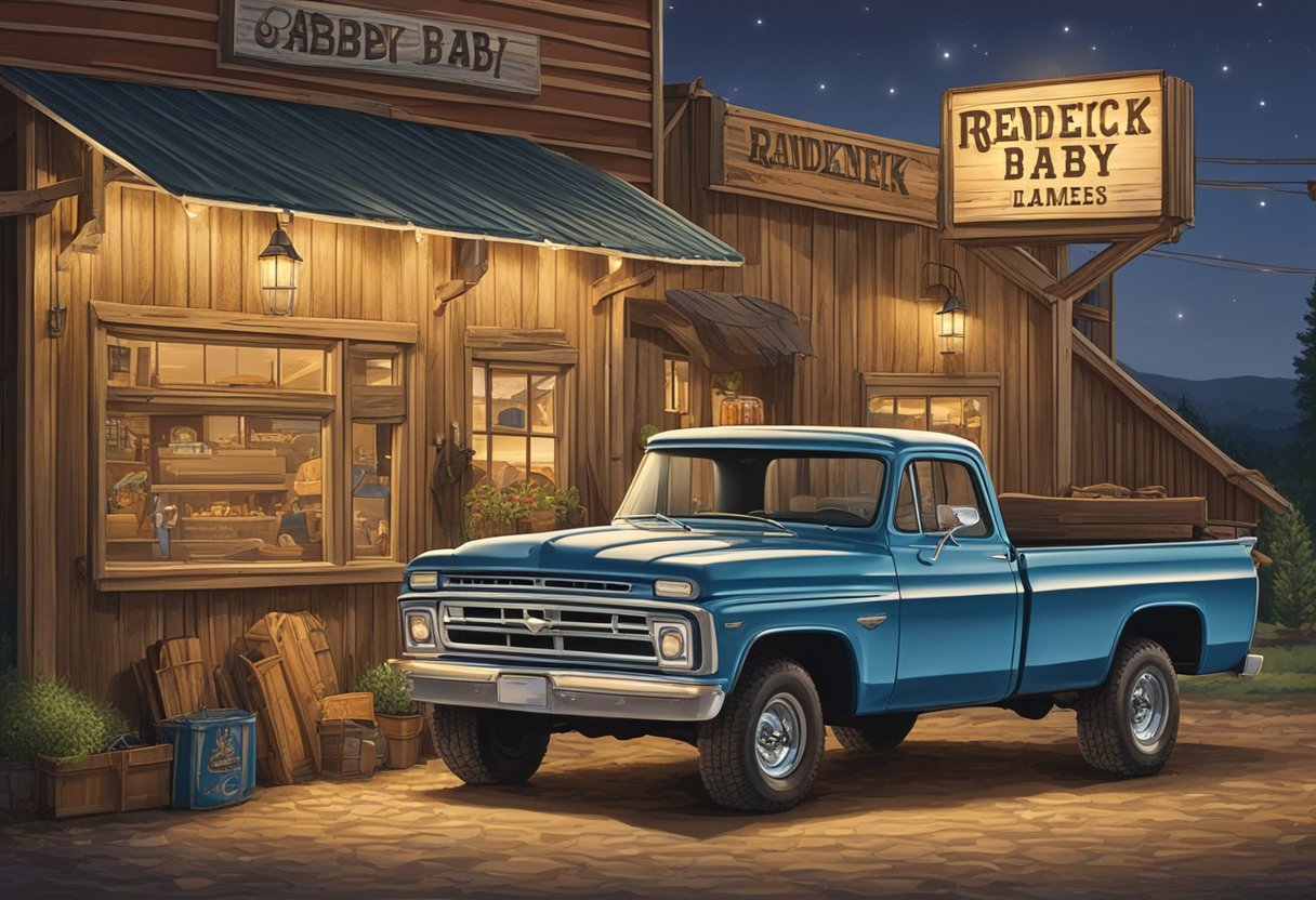 A rustic sign with "Redneck Baby Names" hangs outside a country-themed store, surrounded by cowboy boots and a pickup truck