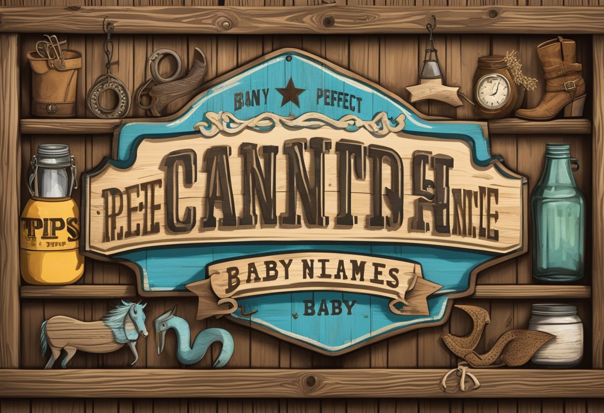 A rustic wooden sign with "Tips For Brainstorming The Perfect Name redneck baby names" painted in bold, weathered lettering, surrounded by a collection of country-themed objects like cowboy boots, mason jars, and horseshoes