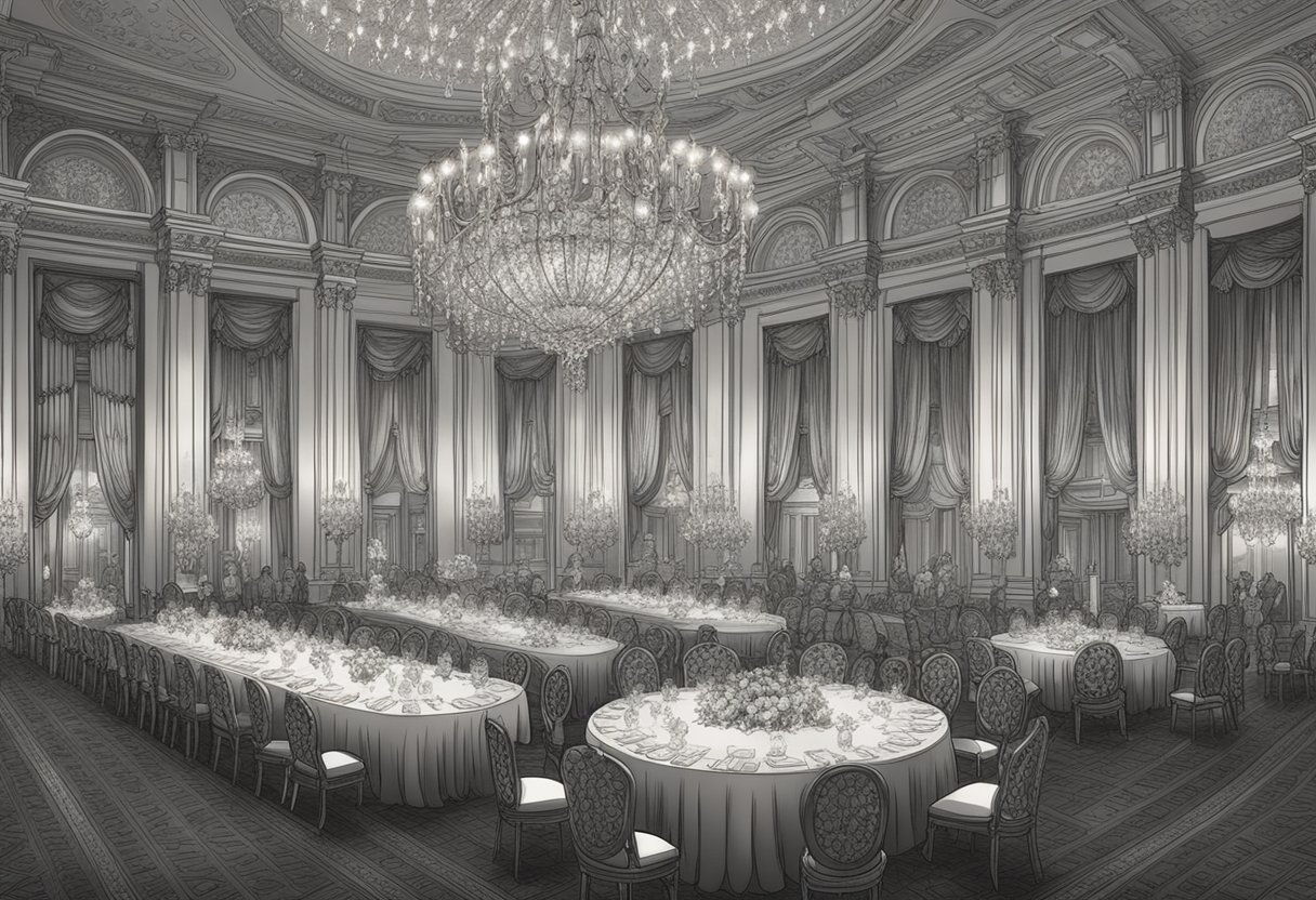 A grand ballroom adorned with opulent chandeliers and ornate tapestries, where distinguished guests mingle and discuss aristocratic names for their babies