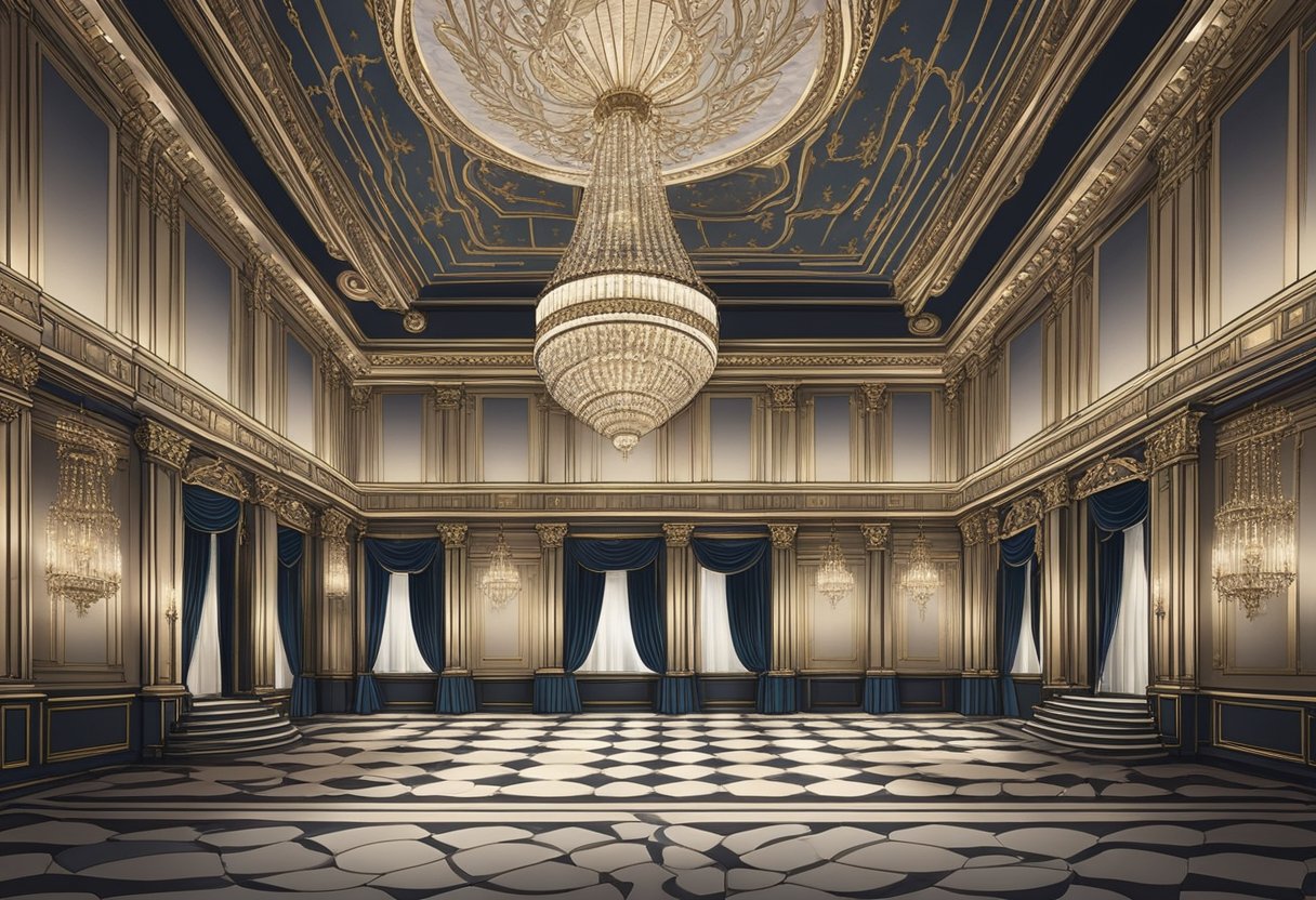 A grand ballroom with ornate chandeliers and marble floors, adorned with regal tapestries and velvet drapes, evoking a sense of luxury and sophistication