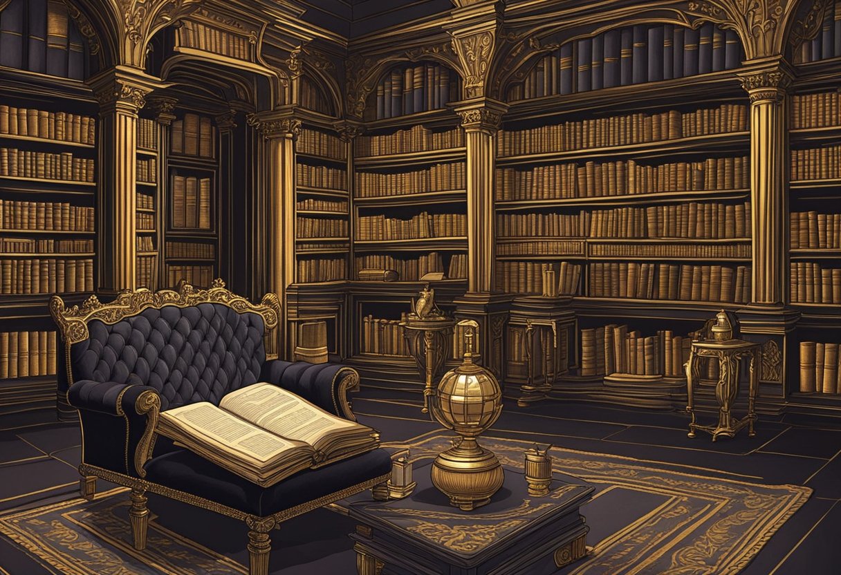 A grand library with antique books, a regal throne, and a golden quill pen on a velvet cushion