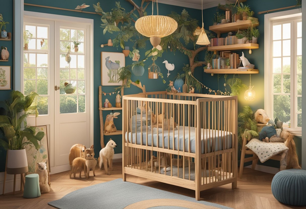 A cozy, eclectic nursery filled with vintage books, colorful tapestries, and potted plants. A whimsical mobile of hand-painted wooden animals hangs above a crib adorned with a macramé canopy