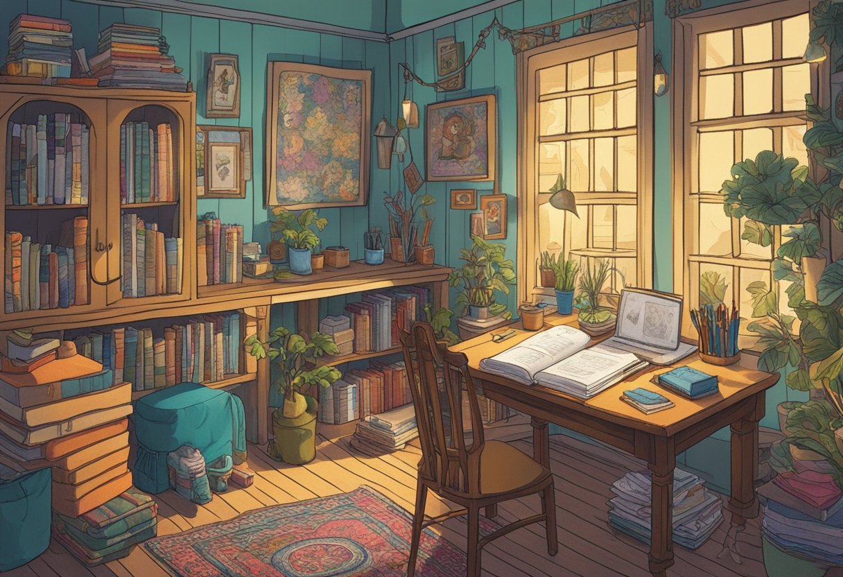 A cozy, eclectic room with vintage art and colorful fabrics. A journal filled with unique, whimsical names sits open on a table, surrounded by pencils and inspiration