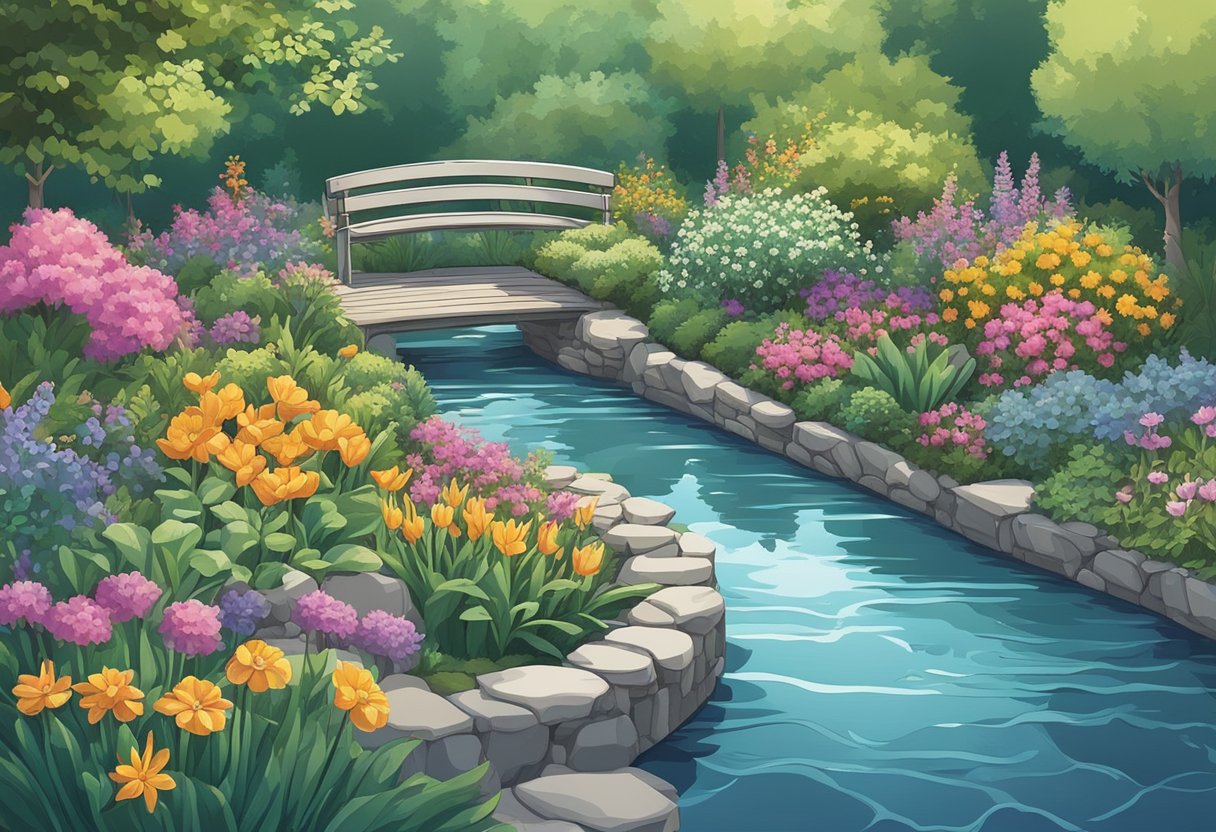 A serene garden with vibrant flowers and a gentle stream, symbolizing healing and tranquility