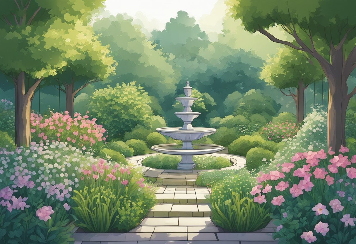 A serene garden with blooming herbs and soothing colors, evoking a sense of healing and restoration