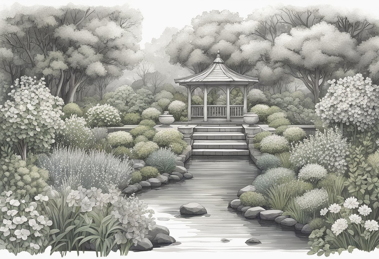 A serene garden with blooming herbs and flowers, surrounded by a gentle stream, symbolizing healing and growth