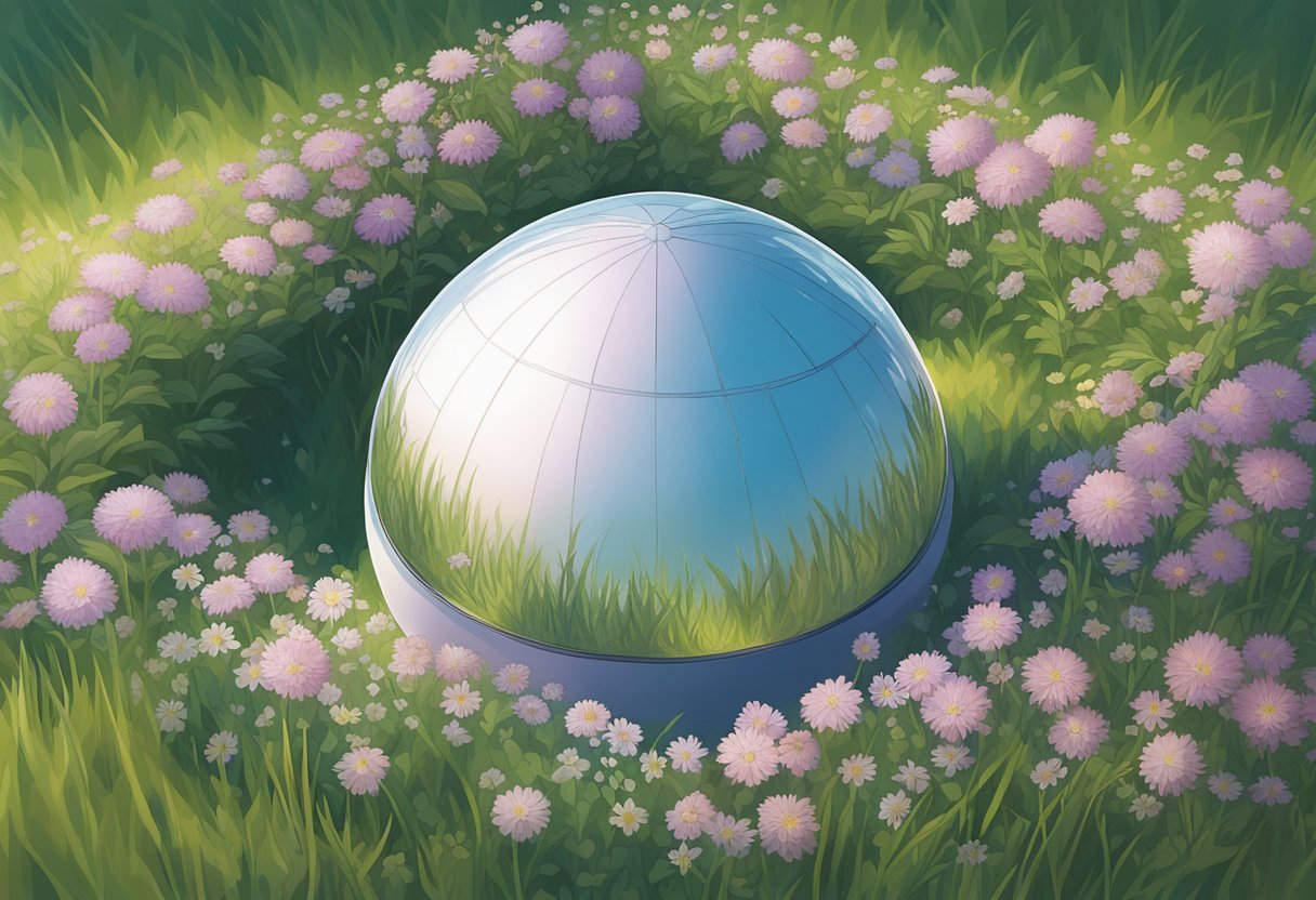 A glowing orb hovers above a field of blooming flowers, emitting a soft, healing light