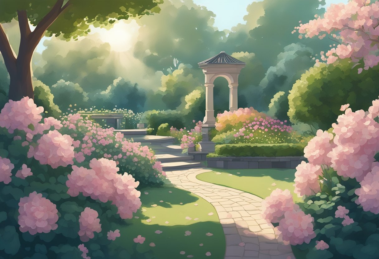 A serene garden with blooming flowers and a gentle breeze, surrounded by a soft glow of sunlight, evoking a sense of tranquility and beauty