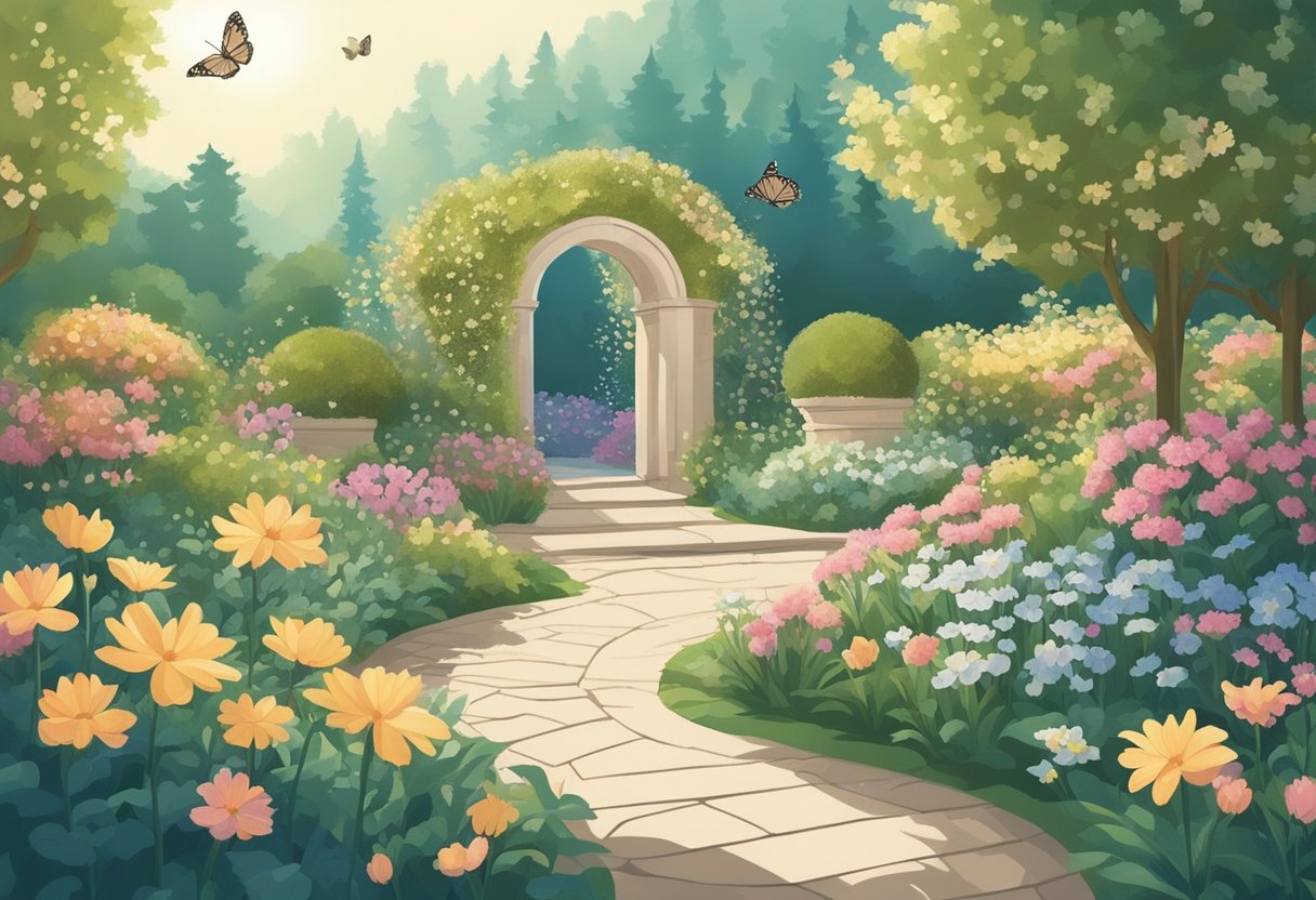 A serene garden with blooming flowers and fluttering butterflies, surrounded by a gentle breeze and soft sunlight