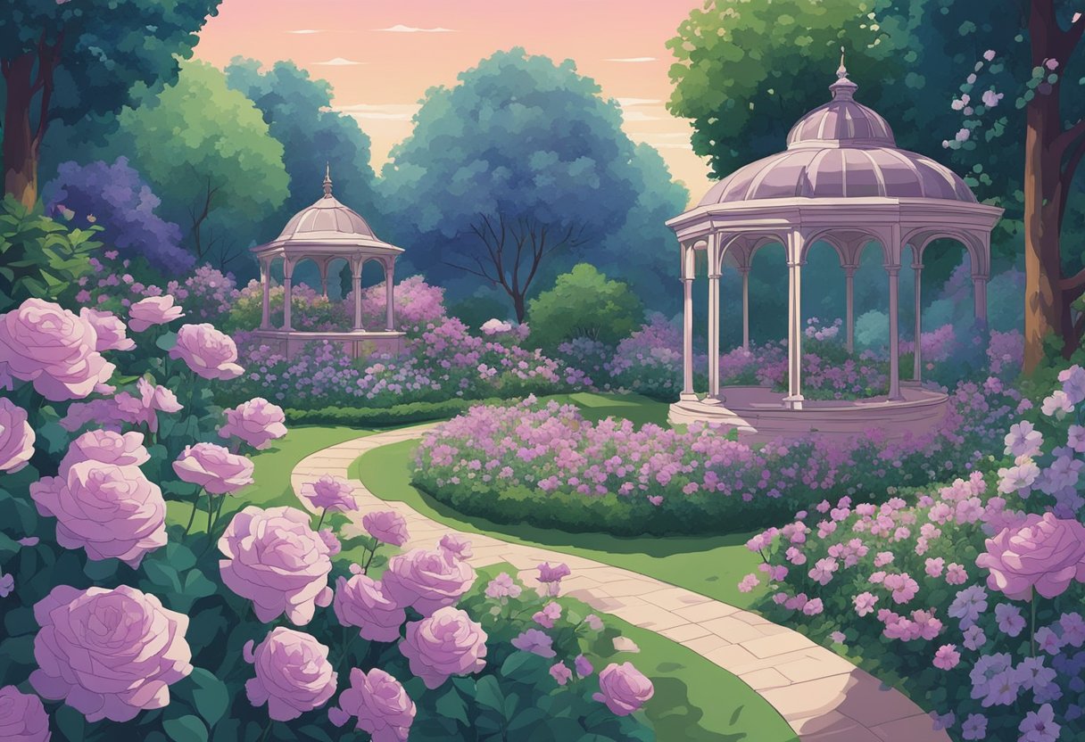 A garden of blooming flowers, with names like Lily, Rose, and Violet. A gentle breeze carries the sweet scent through the air