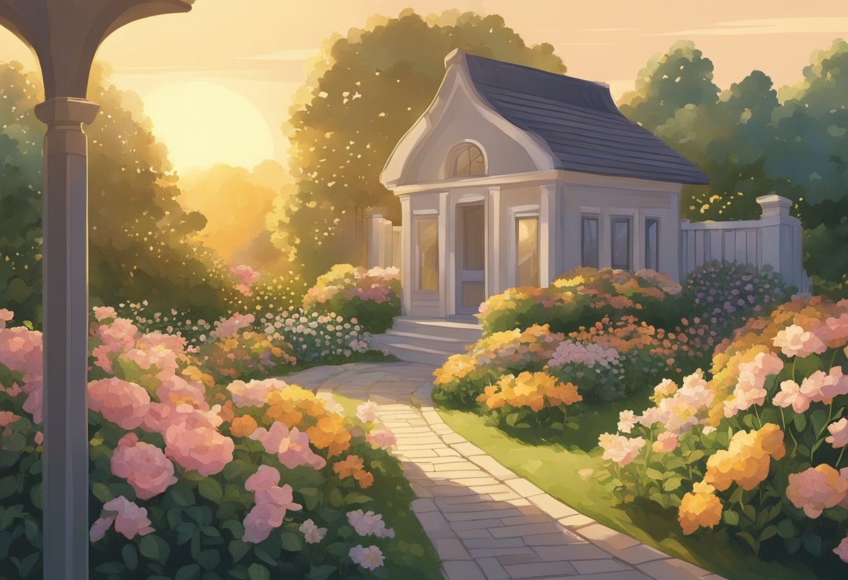 A garden blooming with vibrant flowers, a gentle breeze carrying their sweet scent through the air. A soft, golden glow from the setting sun casting a warm, peaceful atmosphere over the scene