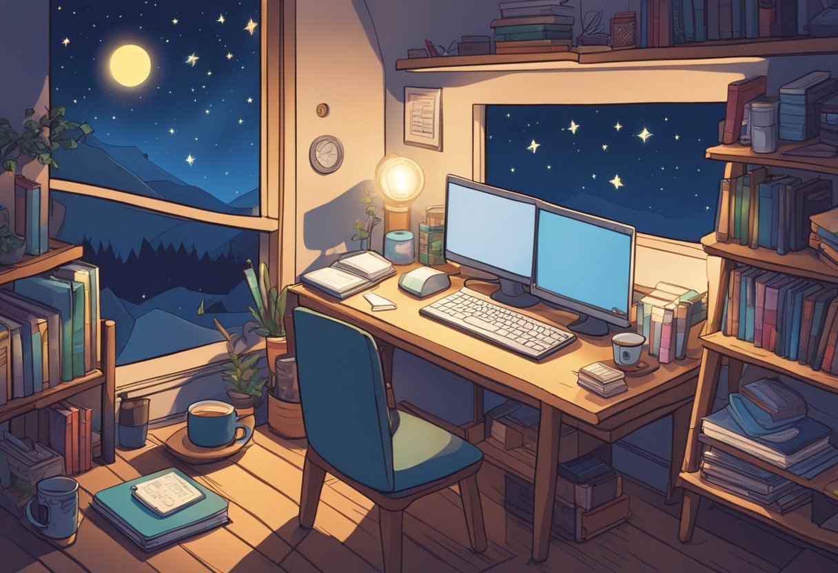 A cozy room with a desk covered in notebooks, a mug of tea, and a window showing a starry night sky. A stack of baby name books and a laptop are open, surrounded by scattered papers and colorful pens