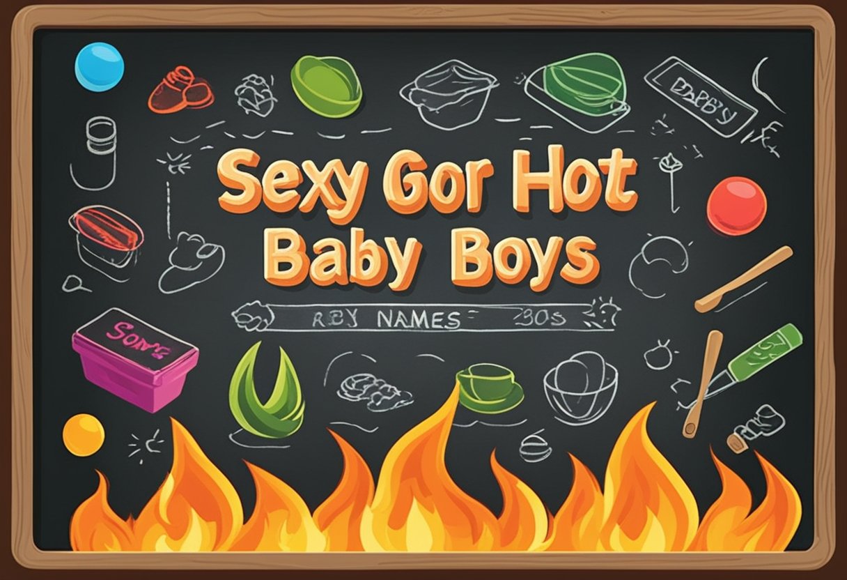A sizzling fire burns in the background as the words "Sexy Hot Guy Names for Baby Boys" are written in bold, vibrant colors on a chalkboard