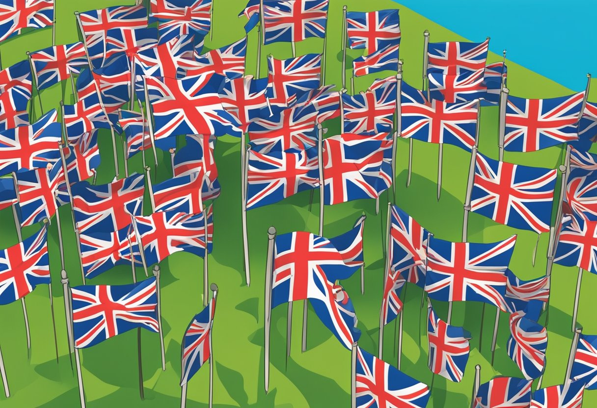 A group of British flags waving in the wind, with a sign reading "Family Reunion" and a list of popular English surnames