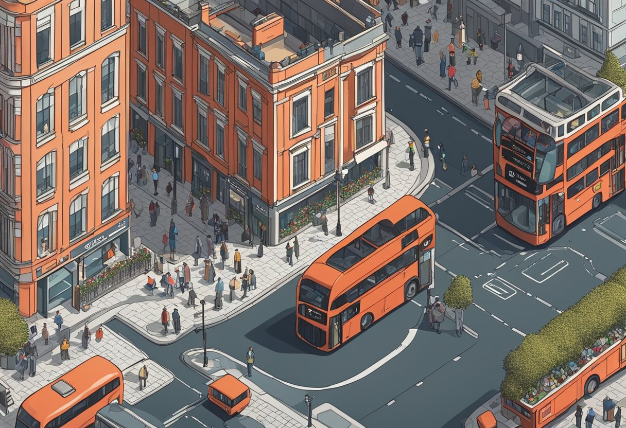 A bustling street scene in London, with red-brick buildings and cobblestone streets. A double-decker bus and black taxi pass by