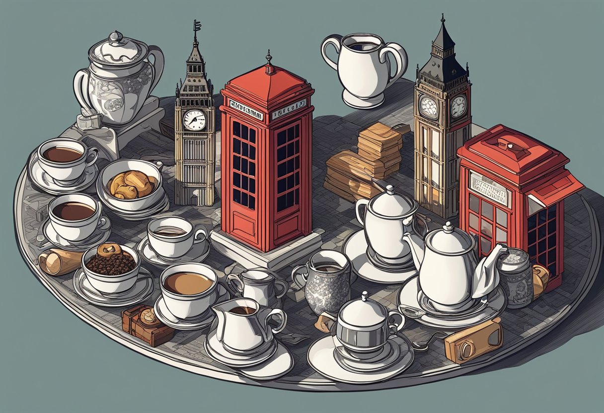 A table covered with a variety of objects representing British culture, such as tea cups, Big Ben, and a red telephone booth
